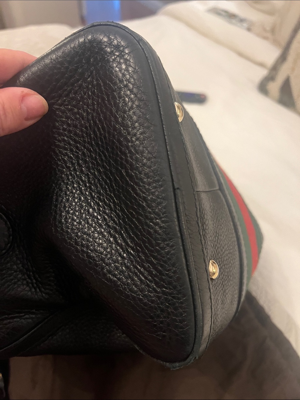 Gucci Black Leather Bowling Bag with Red & Green Web - Picture 6 of 7